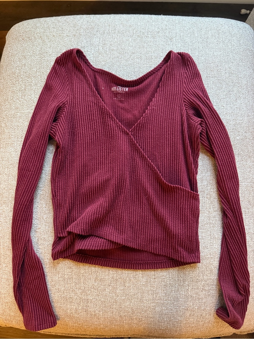 Hollister Ribbed Wrap-Front Long Sleeve Top - Wine